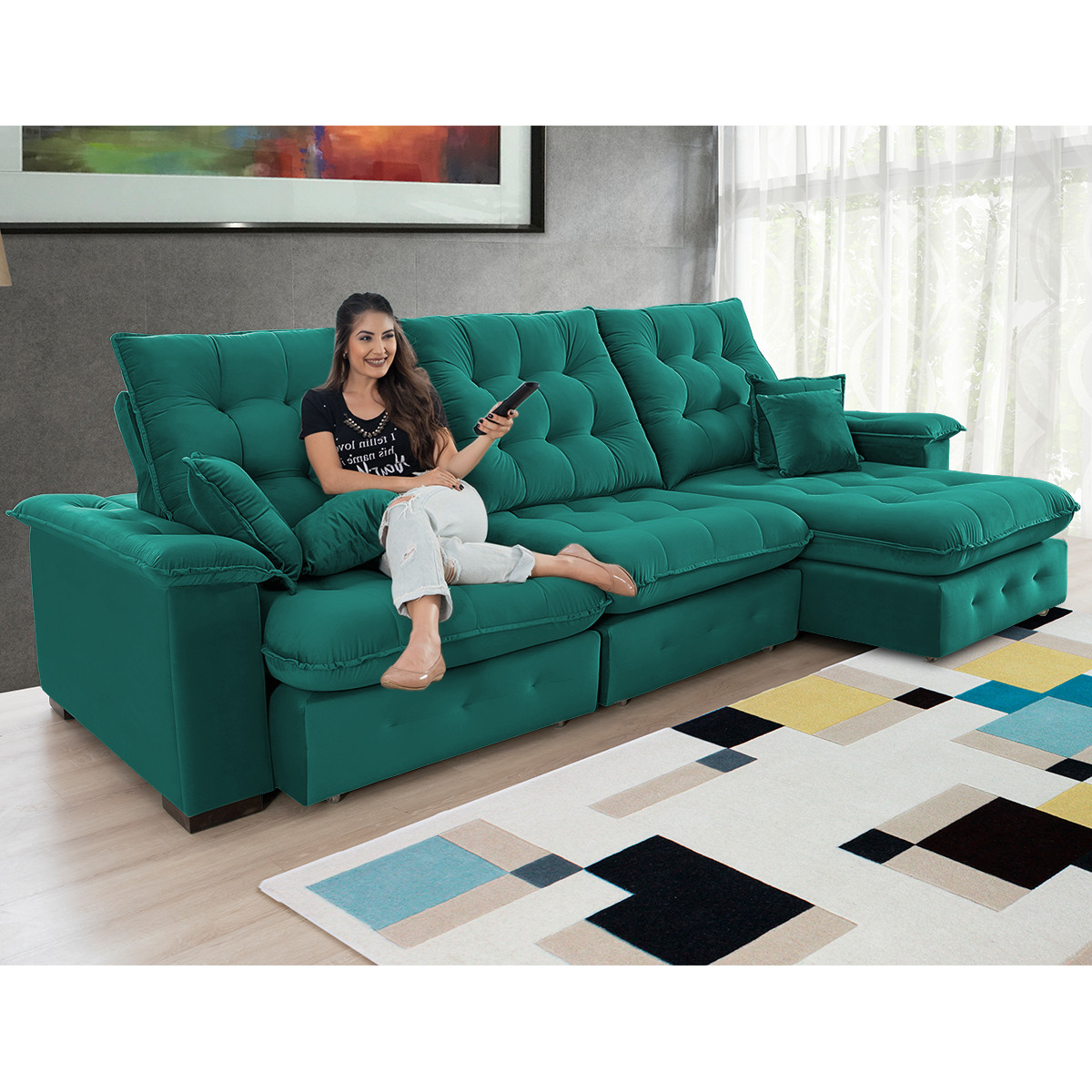 Sofá Coliseu 3.10m Retrátil e Reclinável Super Pillow - Verde