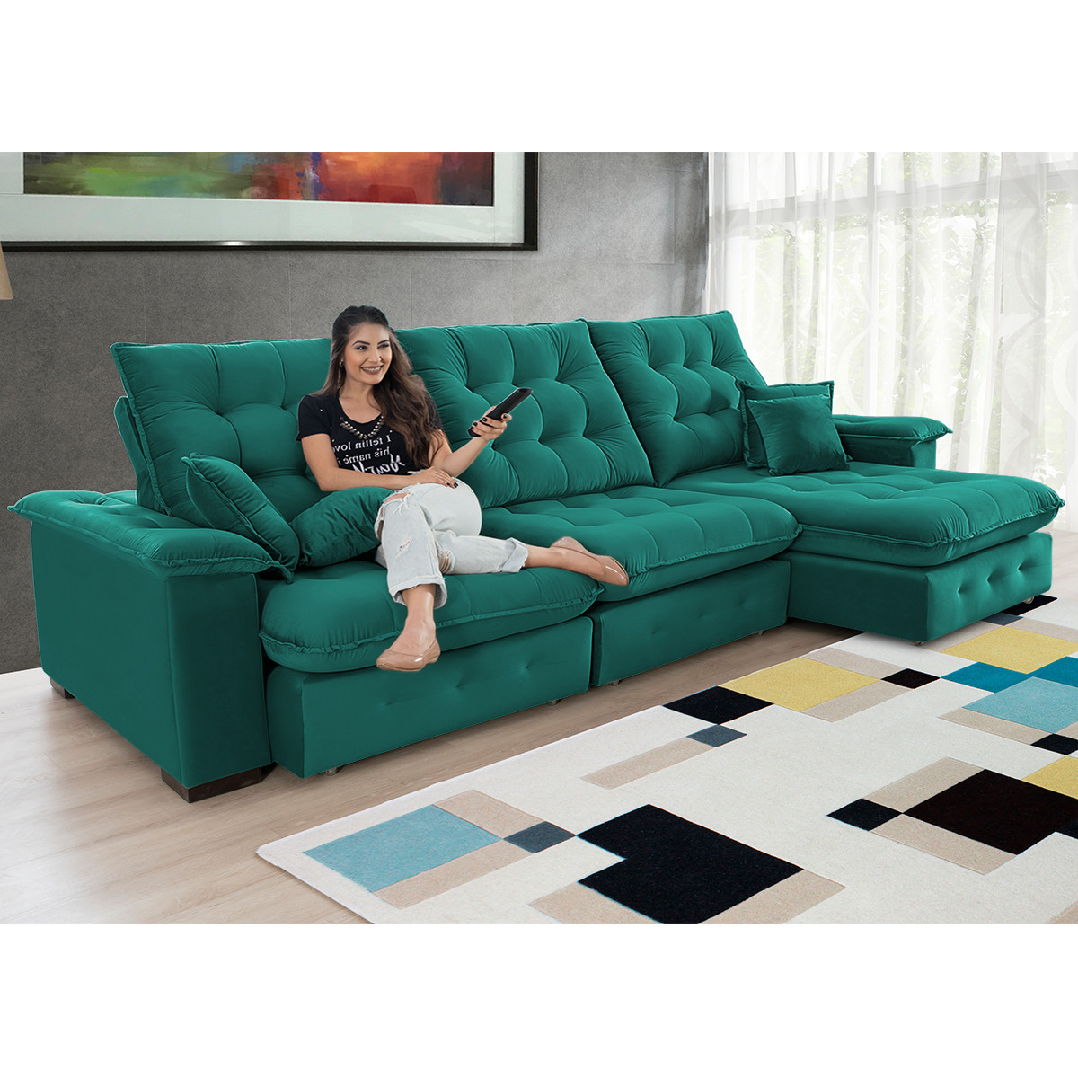 Sofá Coliseu 3.40m Retrátil e Reclinável Super Pillow - Verde