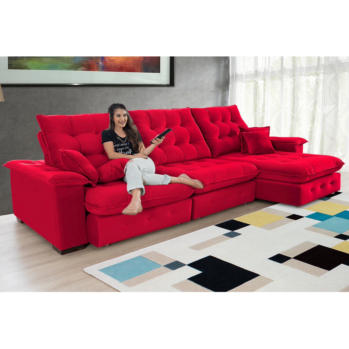 Sofá Coliseu 3.70m Retrátil e Reclinável Super Pillow - Vermelho