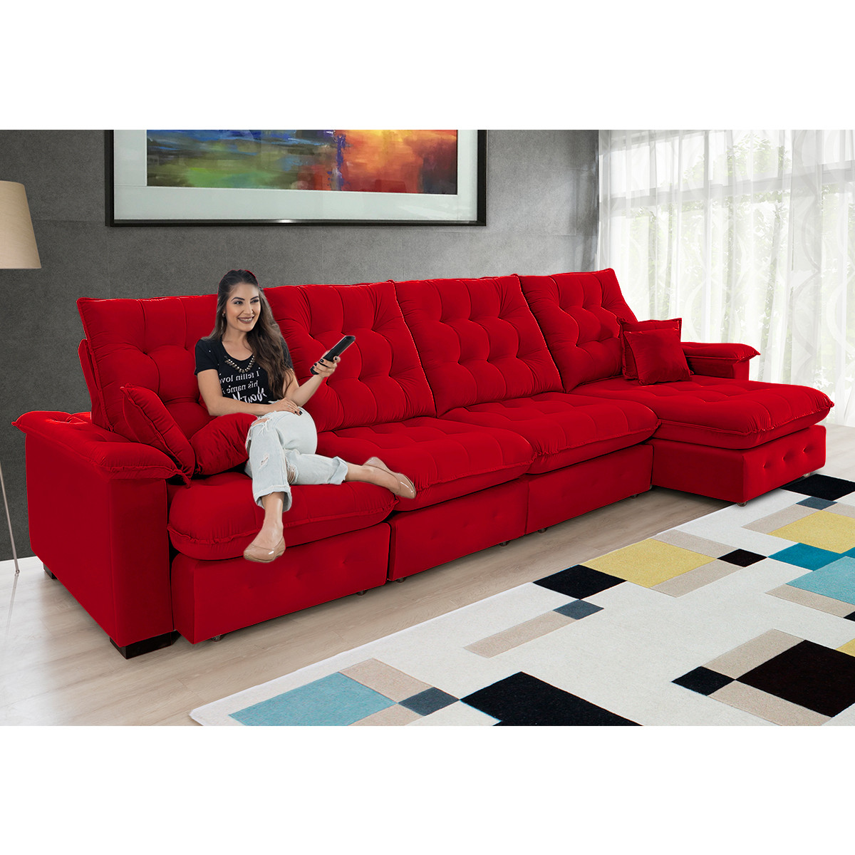 Sofá Coliseu 4.00m Retrátil e Reclinável Super Pillow - Vermelho