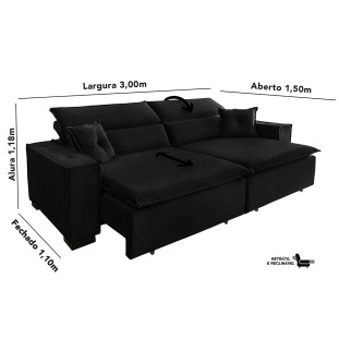 Sofá Londres 3.00m Retrátil e Reclinável Pillow Top - Preto